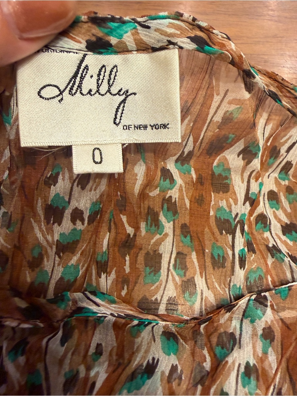 Milly Brown and Teal Printed 100% Silk Blouse Size 0